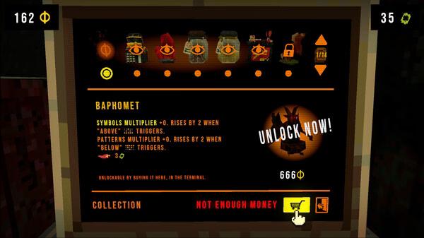 CloverPit screenshot: A game menu shows "Baphomet" unlock details, player currency, and a "Not Enough Money" message highlighted.