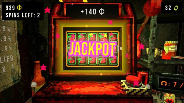 Screenshot from CloverPit showing a slot machine with the word "JACKPOT" and neon lights, surrounded by pixelated graphics.