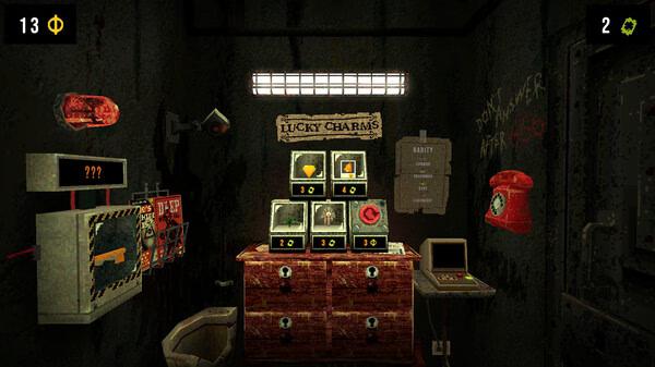 CloverPit screenshot: A dimly lit room with a "Lucky Charms" shop displaying items, a red phone, and various interactive objects.