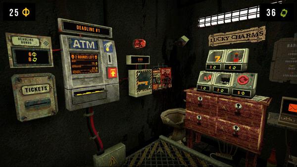 CloverPit screenshot: A dimly lit room with an ATM, ticket machine, and a cabinet labeled 'Lucky Charms', showing various items.