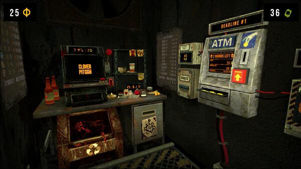 CloverPit screenshot: A dimly lit room with an ATM, a machine displaying "CloverPit," and scattered items on a cluttered table.