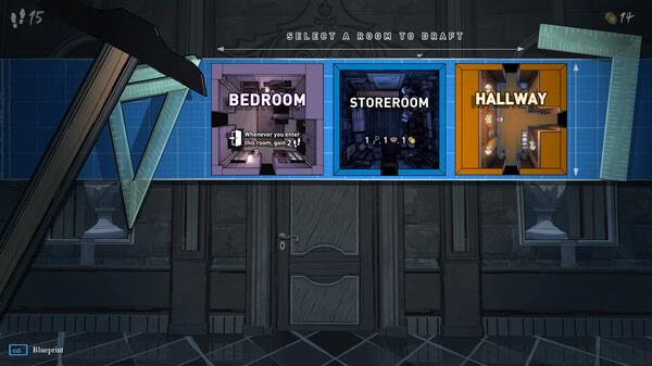 Blue Prince screenshot: A selection screen displays three rooms—Bedroom, Storeroom, and Hallway—available for drafting.