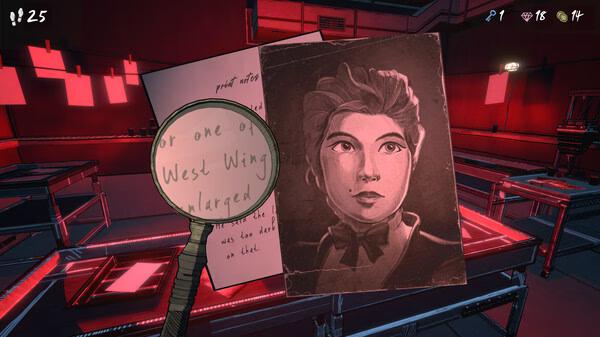Screenshot from Blue Prince: A magnifying glass hovers over a mysterious document and photo in a dimly lit room.