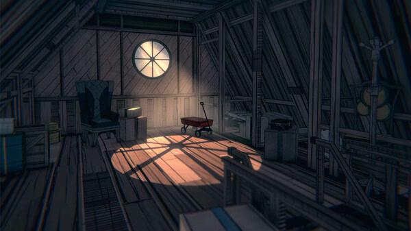 Screenshot from Blue Prince: An attic room with wooden walls, a round window casting light on a red wagon and scattered boxes.