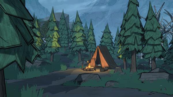 Screenshot from Blue Prince: A serene forest scene with a glowing campfire beside a tent, surrounded by tall, lush trees.