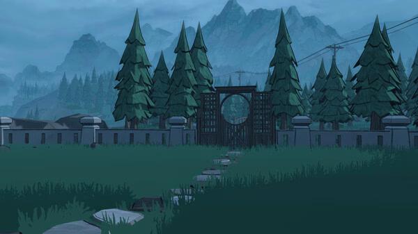 Screenshot from Blue Prince showing a serene landscape with trees, mountains, and a pathway leading to a gated entrance.