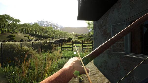 A SCUM screenshot showing a player's hand holding a bow in a grassy field, aiming at a distant target near a building.