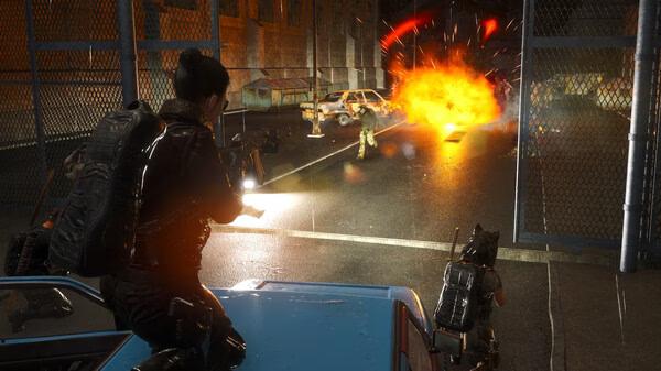 SCUM screenshot: Two characters engage in a firefight near a chain-link fence as a fiery explosion lights up the night scene.