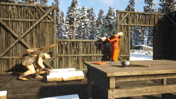 SCUM screenshot: Two characters in winter gear craft wooden logs inside a rustic cabin surrounded by snowy trees.