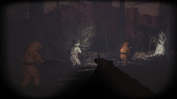 SCUM screenshot: Players in hazmat suits explore a dark forest at night, with one aiming a weapon while others move cautiously.