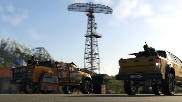Screenshot from SCUM showing two armed vehicles on a road near a large tower, with characters visible in each vehicle.