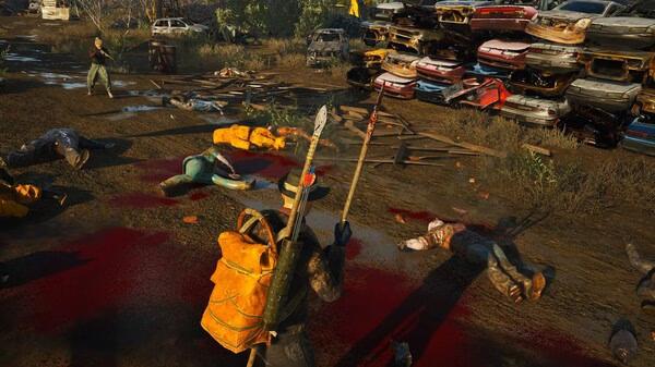 A player in SCUM with a backpack and spear stands amidst scattered bodies and junked cars in this intense screenshot.