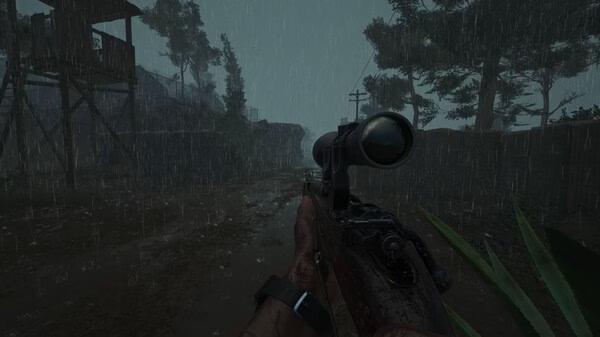 SCUM screenshot: A player aims a sniper rifle in heavy rain, near a wooden watchtower surrounded by trees.