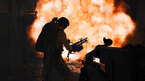 A SCUM game screenshot showing a player holding a weapon in front of a large explosion in an industrial setting.