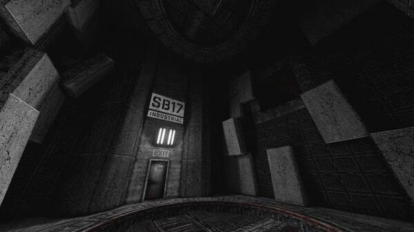 Screenshot from White Knuckle showing a dimly lit industrial corridor with an 'SB17' sign and an exit door.