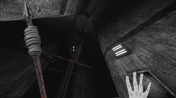 Screenshot from the game 'White Knuckle' showing a spear and hand in a dark, industrial corridor with dim lighting.