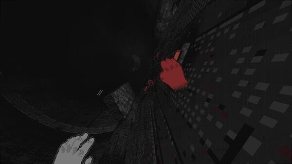 A screenshot from White Knuckle showing red and white hands climbing a dark, textured wall in a shadowy environment.