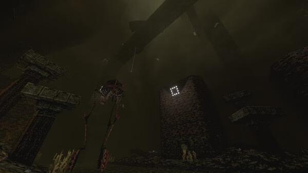 Screenshot from White Knuckle showing a dark, eerie environment with towering structures and a mechanical creature.