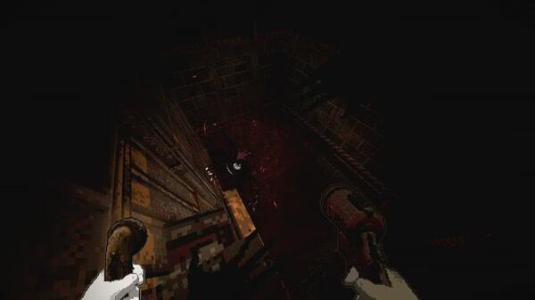 White Knuckle screenshot: A first-person view shows a dimly lit staircase descending into a dark, eerie pit with glowing red accents.