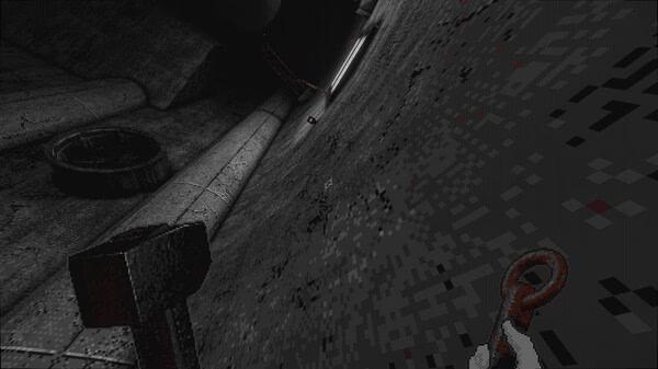 Screenshot from White Knuckle showing a player holding a wrench in a dimly lit, industrial tunnel with pipes and scattered debris.