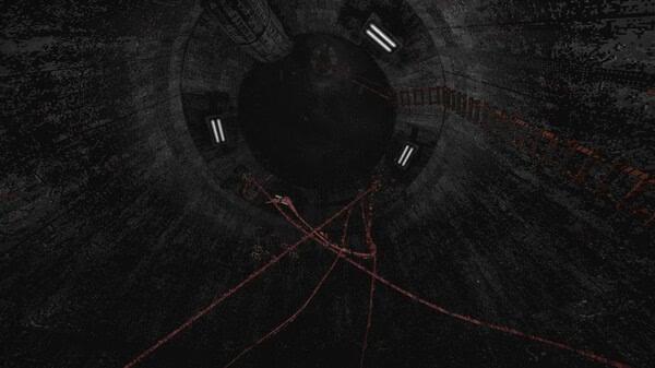 Screenshot from White Knuckle showing a dark, industrial shaft with red ropes and ladders creating a tense atmosphere.