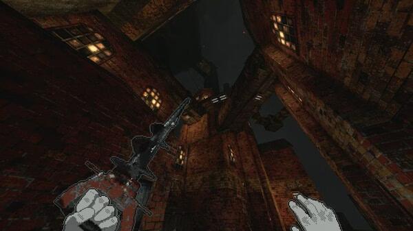 A screenshot of White Knuckle showing a player's hands holding a weapon in a dark, brick-walled industrial environment.