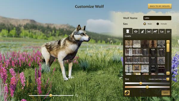 WolfQuest: Anniversary Edition screenshot showing a wolf customization menu with options for coats, tint, and wolf details.