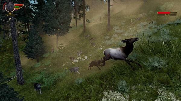 Screenshot from WolfQuest: Anniversary Edition showing wolves chasing a fleeing elk through a lush, dense forest.