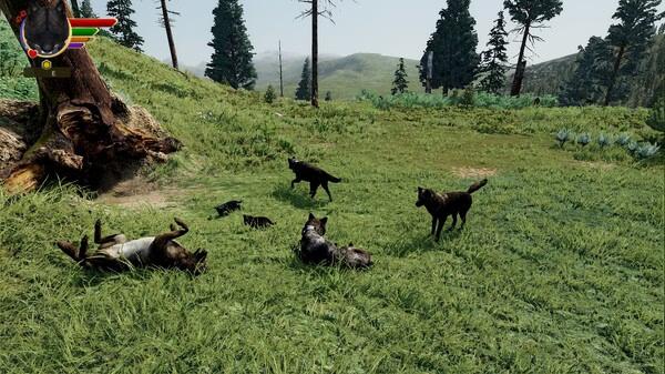 Screenshot from WolfQuest: Anniversary Edition showing a pack of wolves resting and playing in a lush, green meadow with trees.