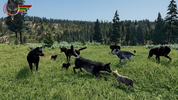 Screenshot from WolfQuest: Anniversary Edition showing wolves and pups interacting in a grassy meadow surrounded by trees.