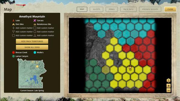 Screenshot from WolfQuest: Anniversary Edition showing a map with hexagonal territories and options for adding custom markers.
