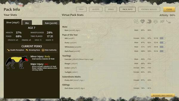 Screenshot from WolfQuest: Anniversary Edition showing the pack info screen with stats and details about a wolf pair and their offspring.