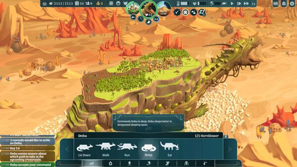 Screenshot from 'The Wandering Village': a village is built on the back of a giant creature, surrounded by a desert landscape.