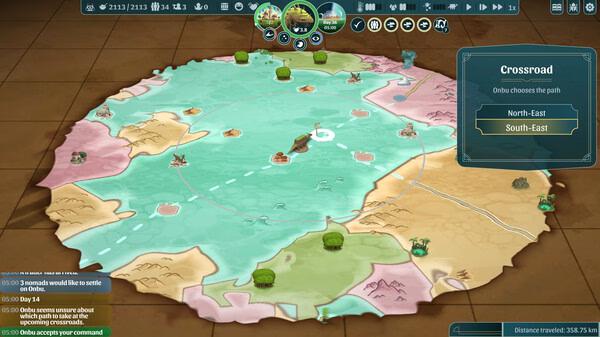 Screenshot of The Wandering Village showing a map with various biomes, paths, and a choice between North-East or South-East routes.