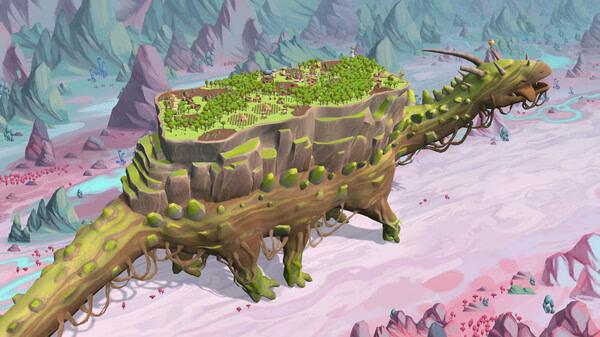 Screenshot from The Wandering Village: A vast creature roams with a thriving village atop its back in a surreal landscape.
