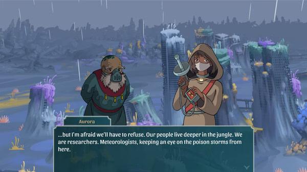 Screenshot of The Wandering Village showing two characters, one holding equipment, discussing research and poison storms in the jungle.