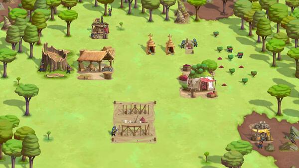 Screenshot from The Wandering Village showing a village with huts, tents, and trees in a forested area.