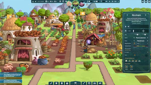 Screenshot from The Wandering Village showing a vibrant village with mushroom houses, paths, and a Mycologist menu on the right.