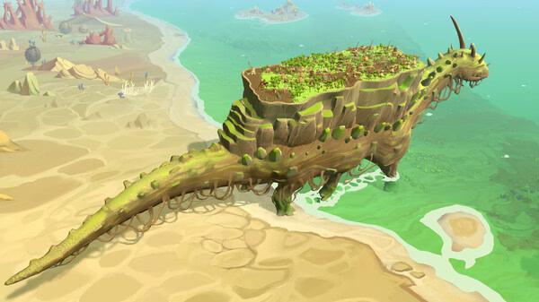 Screenshot from The Wandering Village showing a lush, green village built on the back of a giant, walking creature.