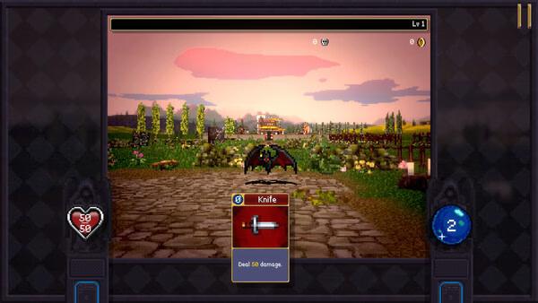 Screenshot from Vampire Crawlers: The Turbo Wildcard from Vampire Survivors showing a bat-like creature with a "Knife" card in a garden setting.