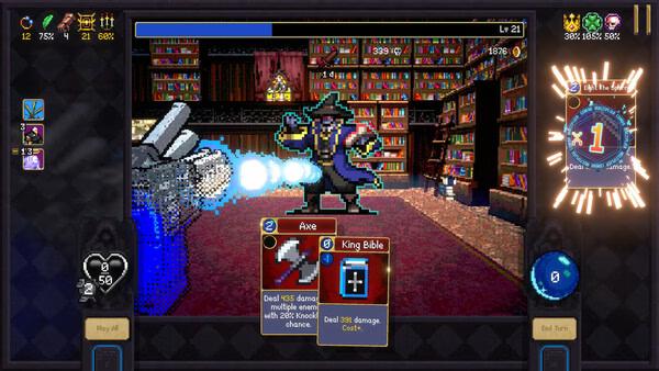 Screenshot from Vampire Crawlers: The Turbo Wildcard from Vampire Survivors showing a wizard casting spells in a library setting.