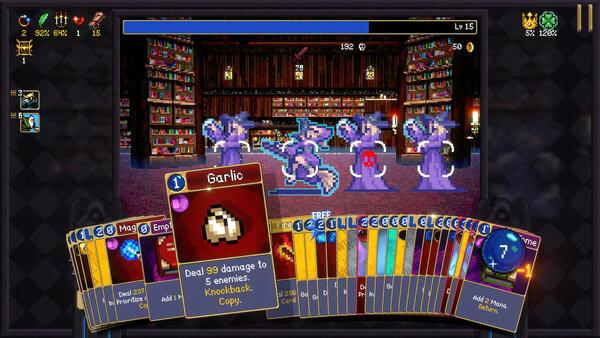 Screenshot from Vampire Crawlers: The Turbo Wildcard from Vampire Survivors, showing card deck and enemies in a library setting.