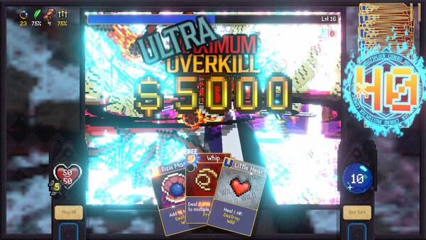Screenshot from Vampire Crawlers: The Turbo Wildcard from Vampire Survivors shows cards and game stats on a bright, chaotic screen.