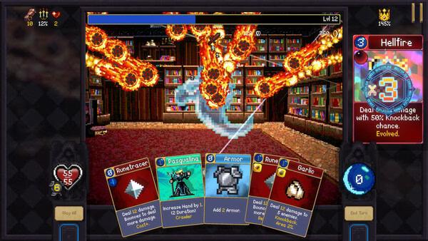Screenshot of Vampire Crawlers: The Turbo Wildcard from Vampire Survivors showing fiery projectiles, cards, and player health bar.