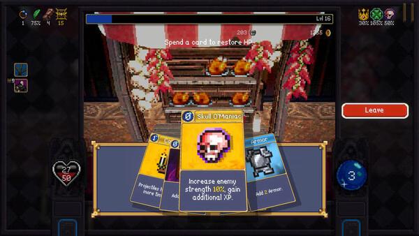 Screenshot from Vampire Crawlers: The Turbo Wildcard from Vampire Survivors showing a card selection screen with Skull O'Maniac card.