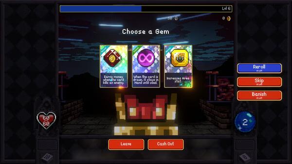 Screenshot of Vampire Crawlers: The Turbo Wildcard from Vampire Survivors showing a gem selection screen with three upgrade options.