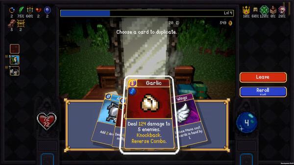 Screenshot from Vampire Crawlers: The Turbo Wildcard from Vampire Survivors showing a card selection screen with a highlighted Garlic card.