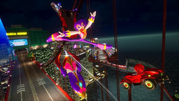 Sonic Racing: CrossWorlds screenshot featuring a vibrant cityscape and characters racing on futuristic hoverboards.