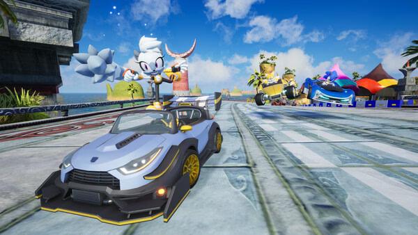 Sonic Racing: CrossWorlds screenshot showing Silver the Hedgehog standing above a race car on a tropical-themed track.