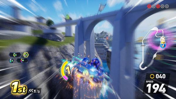 Sonic Racing: CrossWorlds screenshot: Sonic speeds across a bridge, sparks flying. He's in 1st place with a speed of 194.